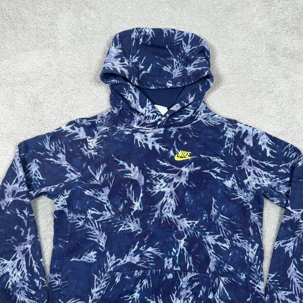 Nike Youth XL Navy Blue Graphic Print Pullover Hoodie Yellow Logo French‎ Terry